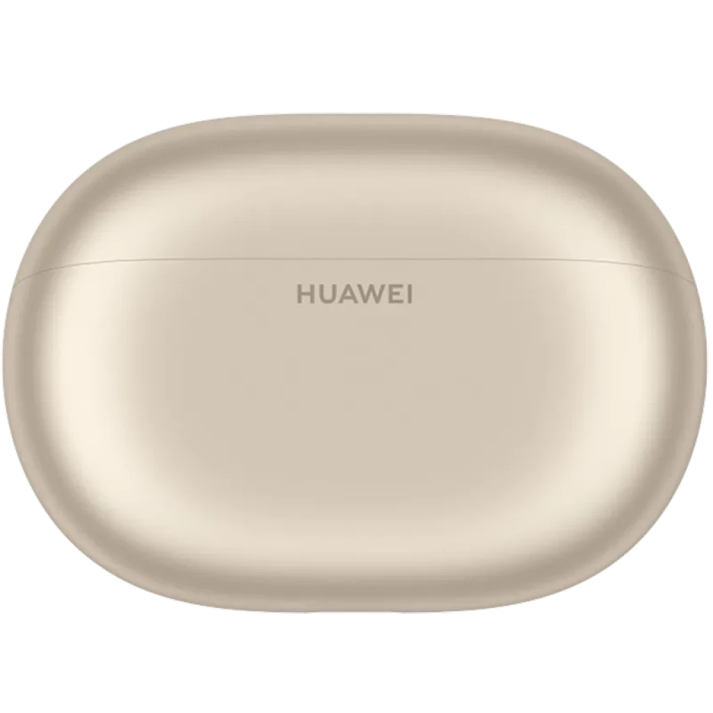 Estuche de carga Huawei FreeBuds Pro 5 Arena en color dorado arena, acabado liso mate, forma ovalada compacta con logo centrado HUAWEI en la tapa