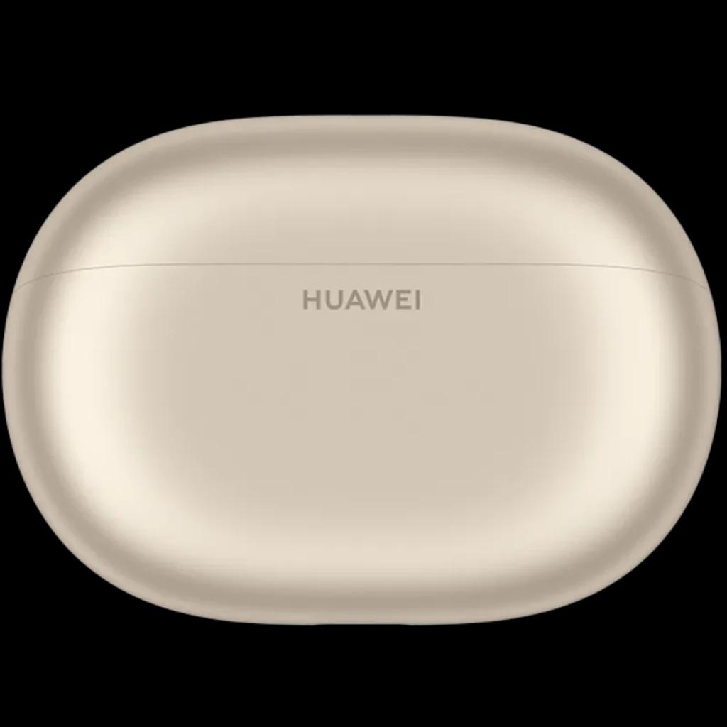 Estuche de carga Huawei FreeBuds Pro 5 Arena en color dorado arena, acabado liso mate, forma ovalada compacta con logo centrado HUAWEI en la tapa