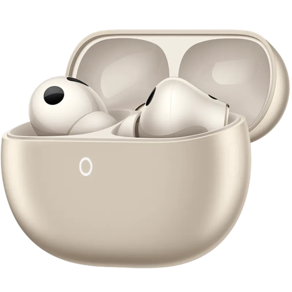 Estuche arena compacto con indicador LED y tapa curva, alberga auriculares in-ear color marfil de diseño pulido con vástago corto y ajuste ergonómico