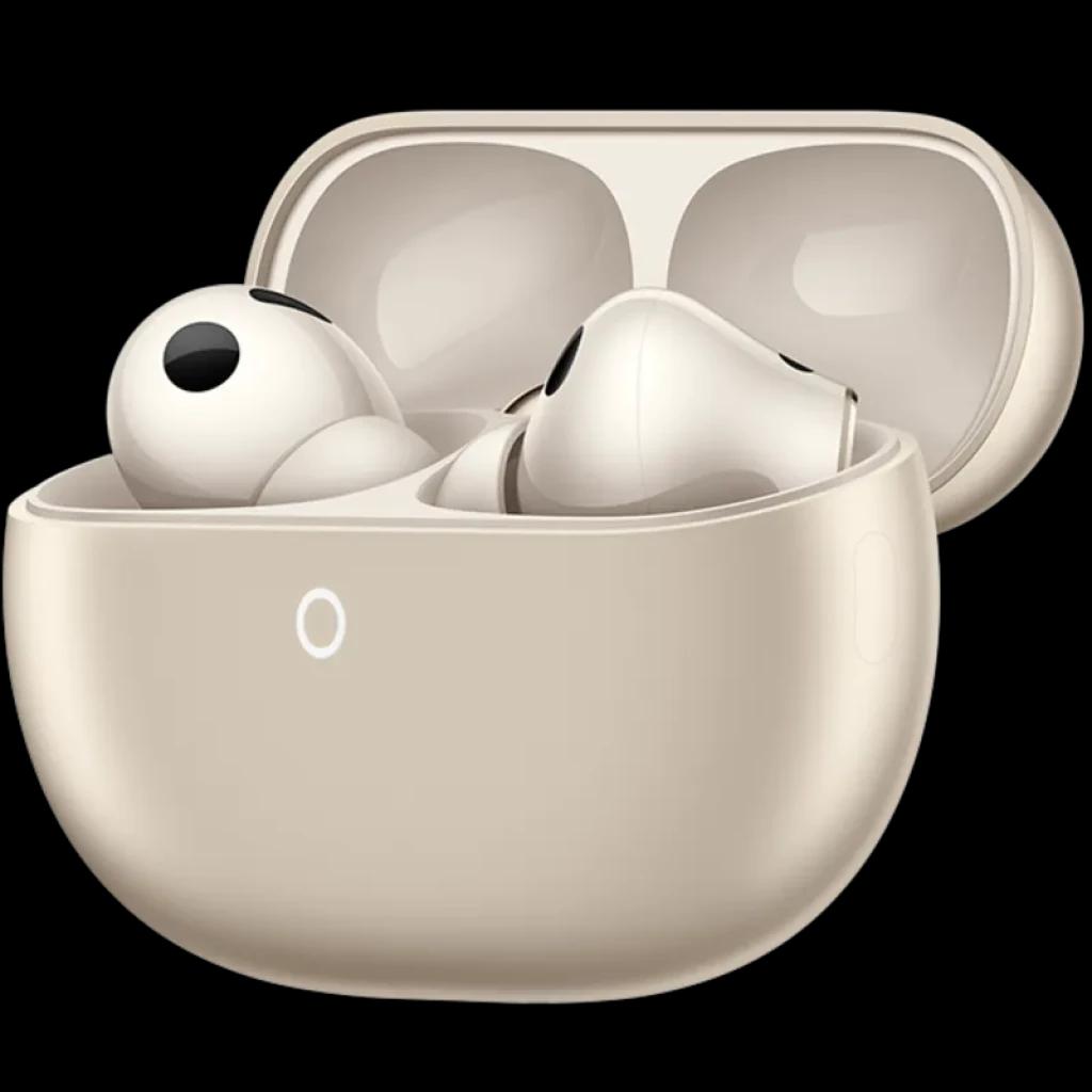 Estuche arena compacto con indicador LED y tapa curva, alberga auriculares in-ear color marfil de diseño pulido con vástago corto y ajuste ergonómico