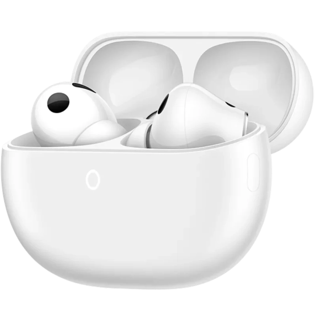 Huawei FreeBuds Pro 5 Blanco en estuche ovalado blanco, acabado brillante, diseño in-ear con vástago corto y ventilación circular, LED frontal visible