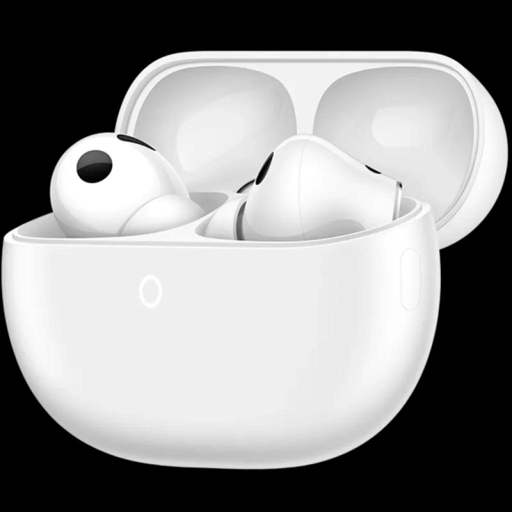 Huawei FreeBuds Pro 5 Blanco en estuche ovalado blanco, acabado brillante, diseño in-ear con vástago corto y ventilación circular, LED frontal visible