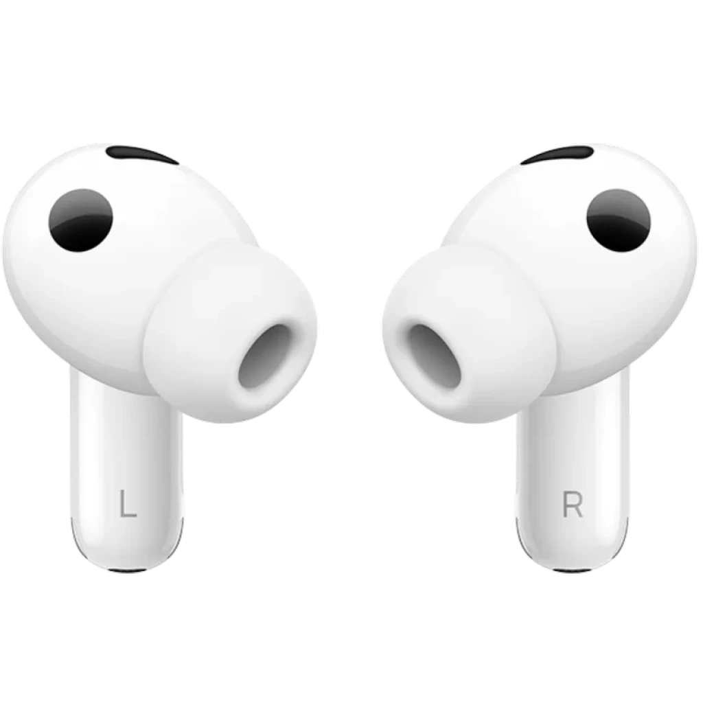 Auriculares intraaurales blancos con almohadillas de silicona, diseño compacto L y R visibles, acabado mate, micrófonos integrados y boquillas ovaladas
