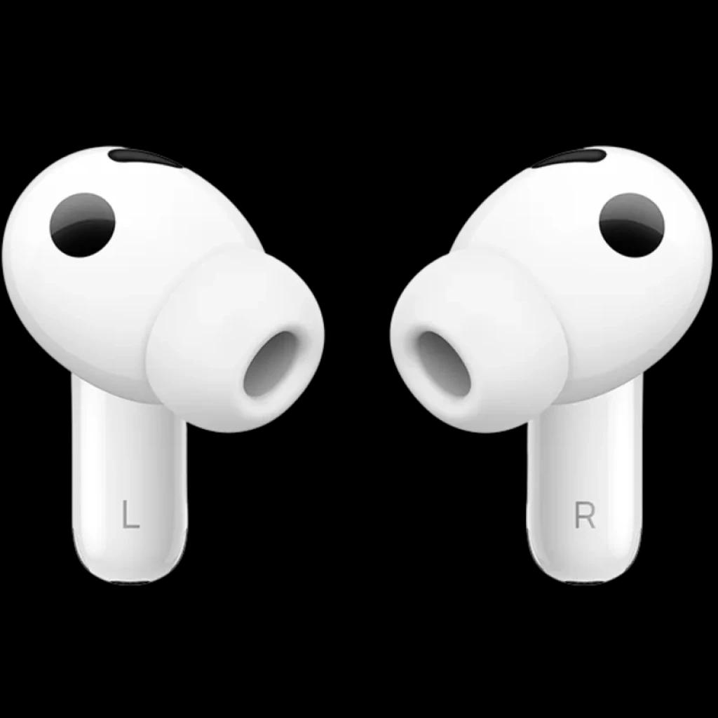 Auriculares intraaurales blancos con almohadillas de silicona, diseño compacto L y R visibles, acabado mate, micrófonos integrados y boquillas ovaladas