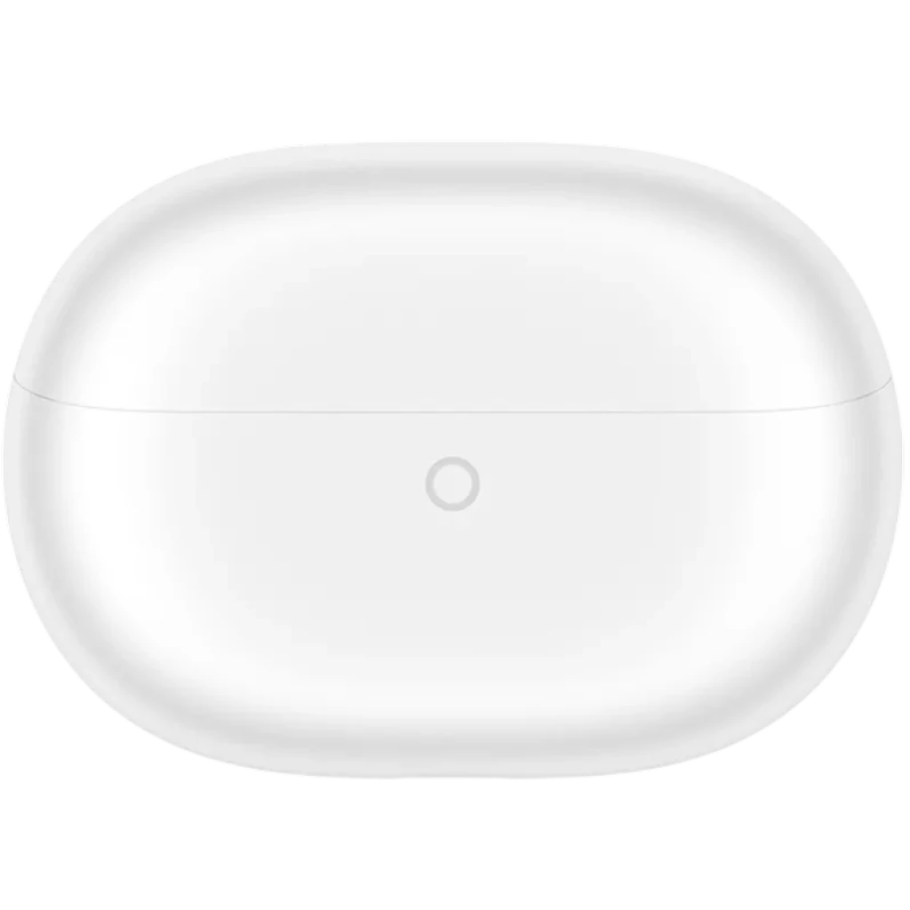 Estuche blanco ovalado de Huawei FreeBuds Pro 5, acabado brillante, minimalista, con LED frontal central y tapa ajustada para proteger los auriculares
