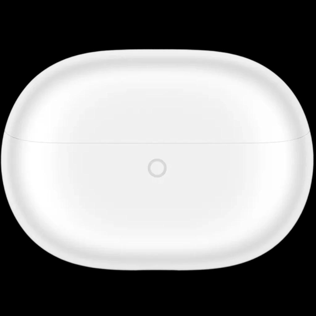 Estuche blanco ovalado de Huawei FreeBuds Pro 5, acabado brillante, minimalista, con LED frontal central y tapa ajustada para proteger los auriculares