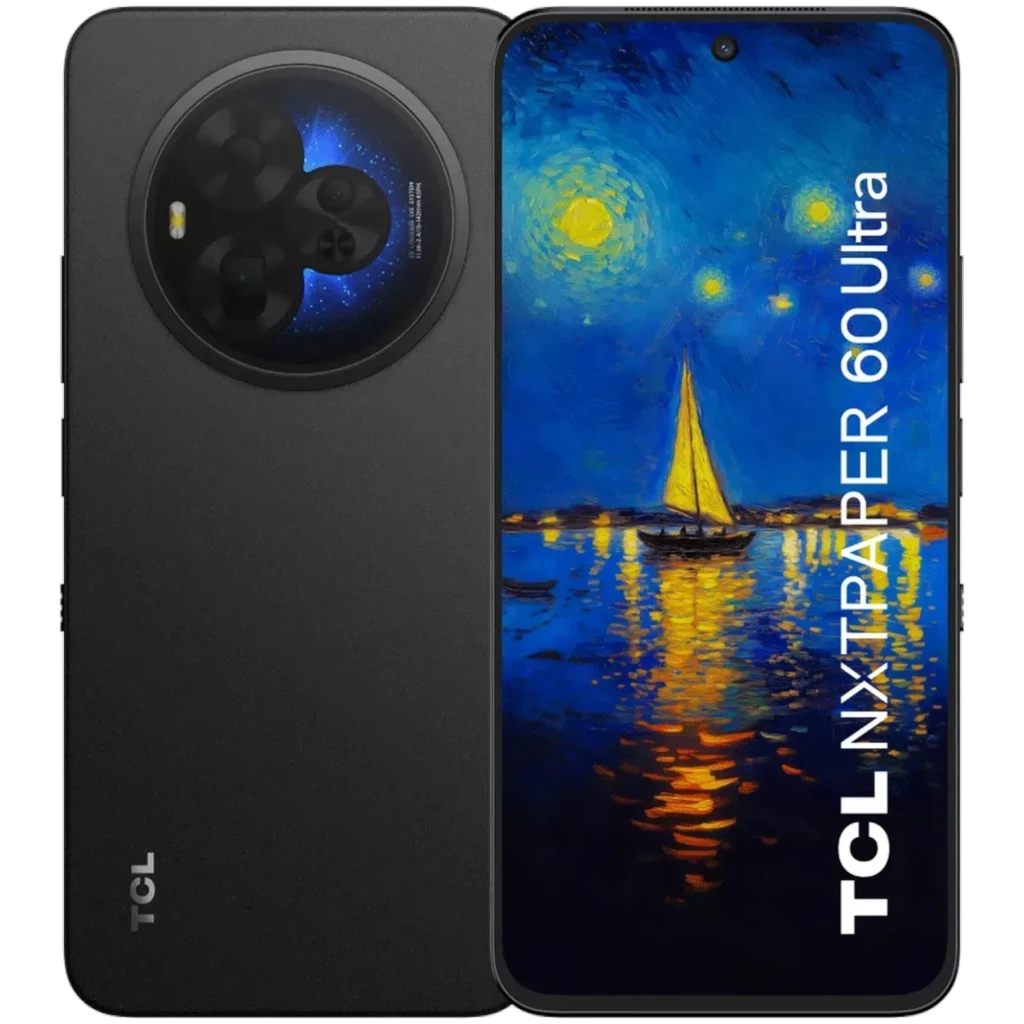 TCL 60 NXTPAPER Ultra 5G negro con pantalla mate amplia, módulo de cámara circular triple, 12GB RAM, 512GB y resistencia IP68 con bordes delgados