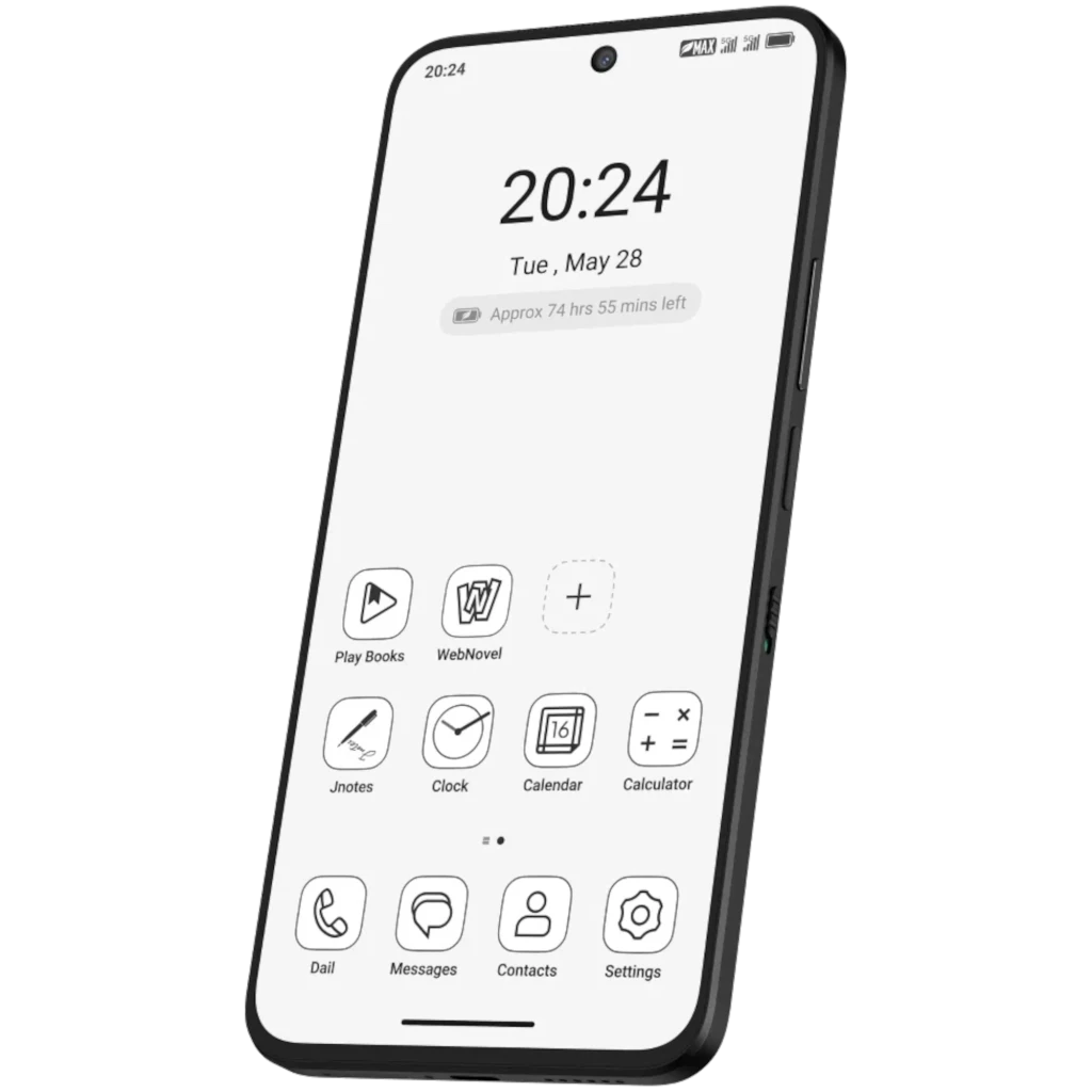 TCL 60 NXTPAPER Ultra 5G negro con pantalla mate tipo e-ink, cámara frontal en orificio, bordes delgados, interfaz monocroma y cuerpo delgado IP68 12GB RAM