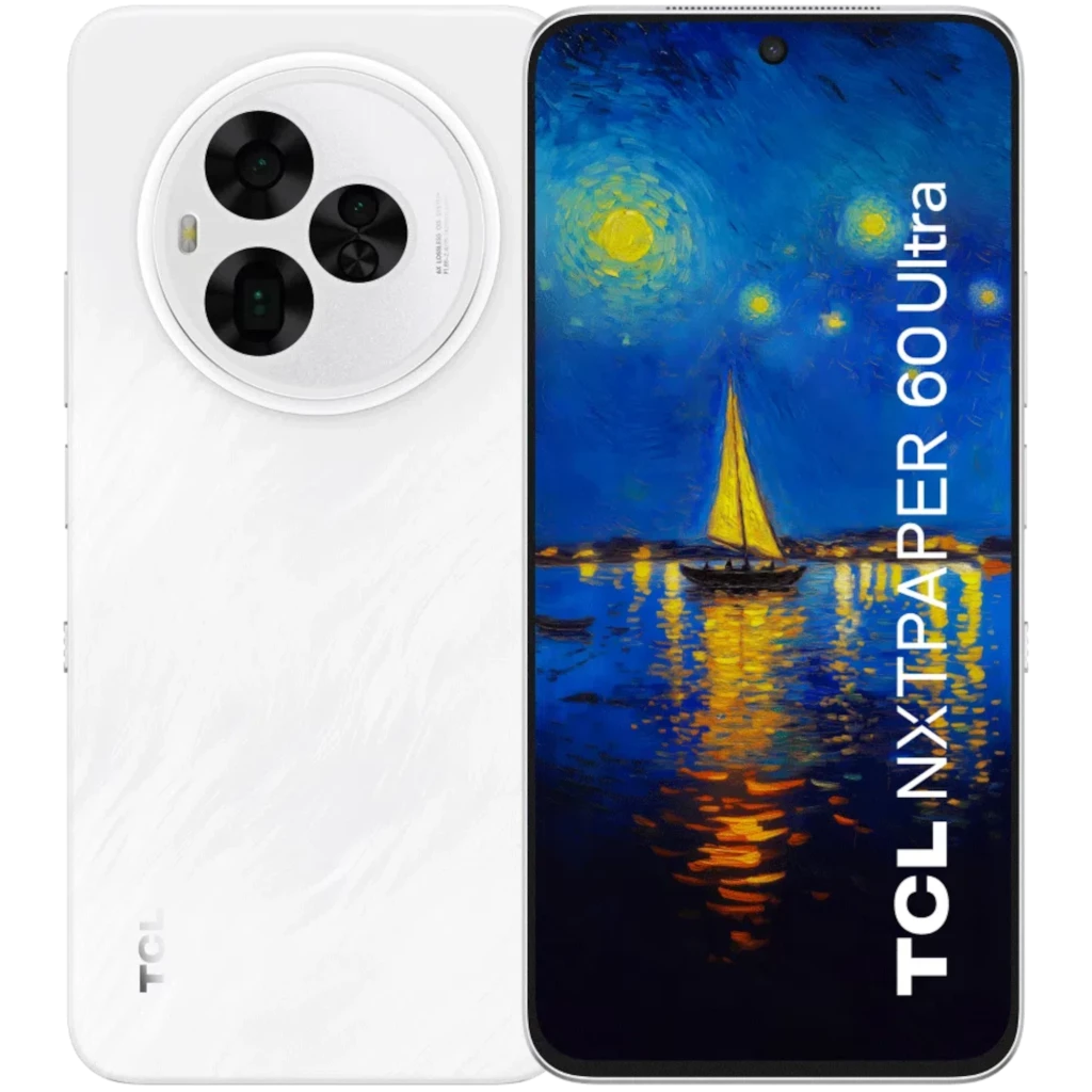Smartphone blanco con marco metálico, pantalla NXTPAPER 60 Ultra, cámara trasera triple con teleobjetivo 50 MP y frontal perforada; 12 GB RAM, 512 GB