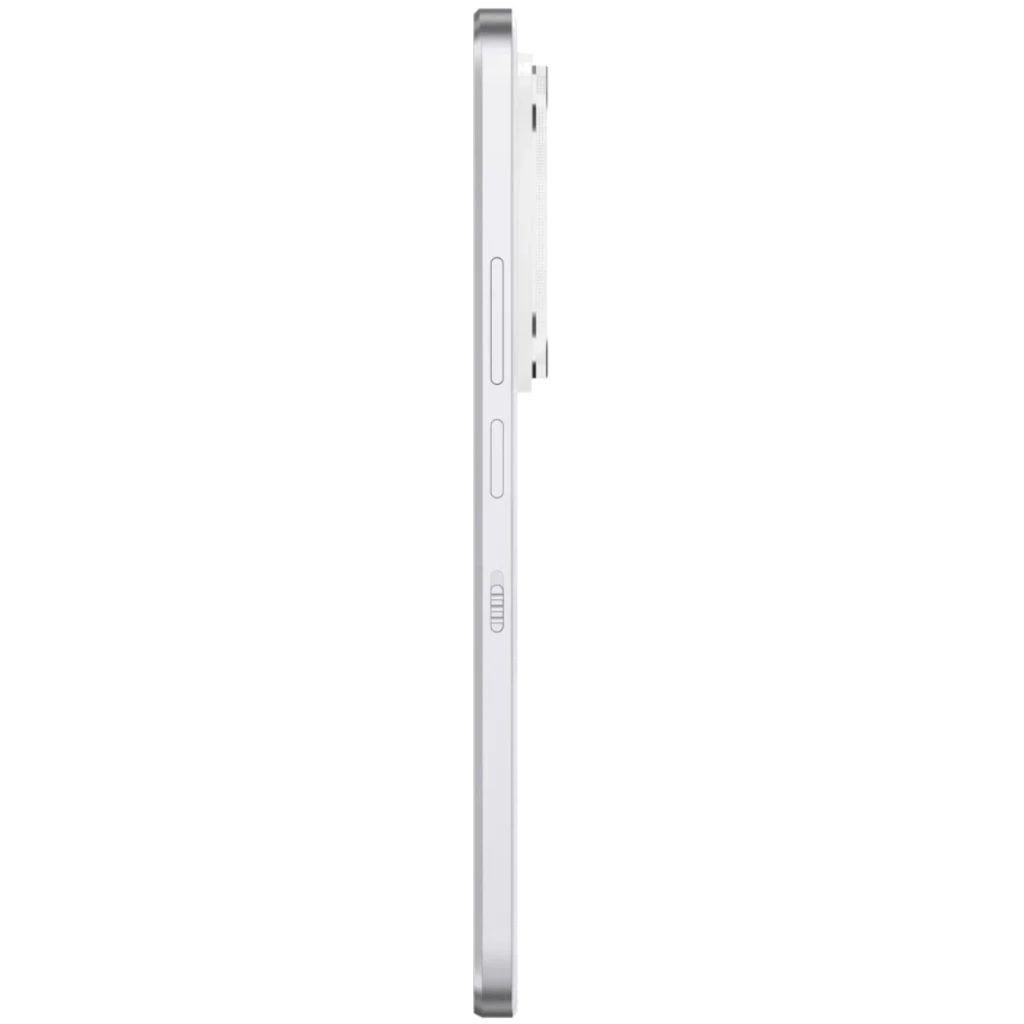 Lateral del TCL 60 NXTPAPER Ultra 5G blanco con marco metálico, bandeja SIM/SD extraída, botones de volumen, interruptor y acabado delgado y pulido