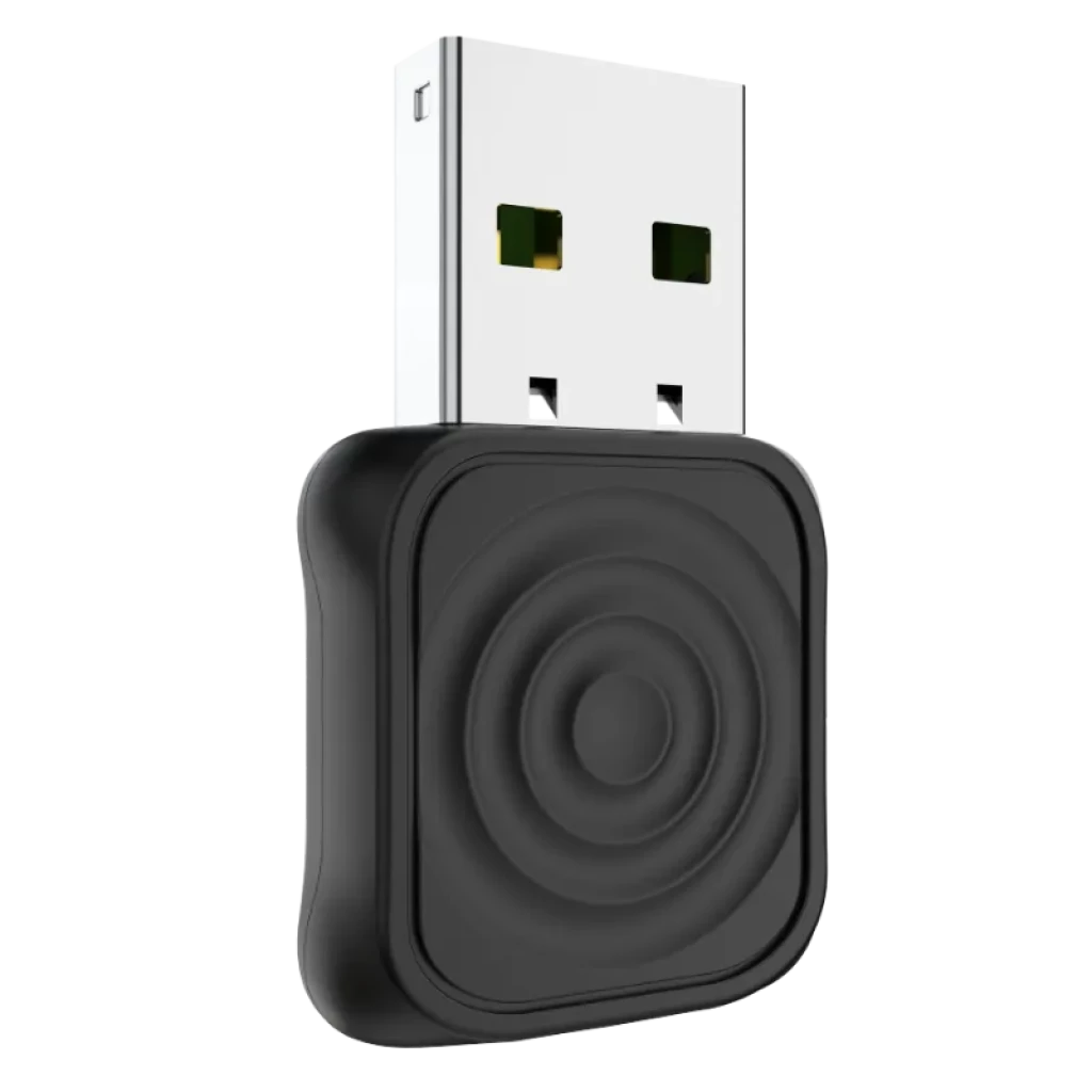 Carlinkit Mini Ultra 1 adaptador USB compacto com caixa preta mate e design de anéis concêntricos