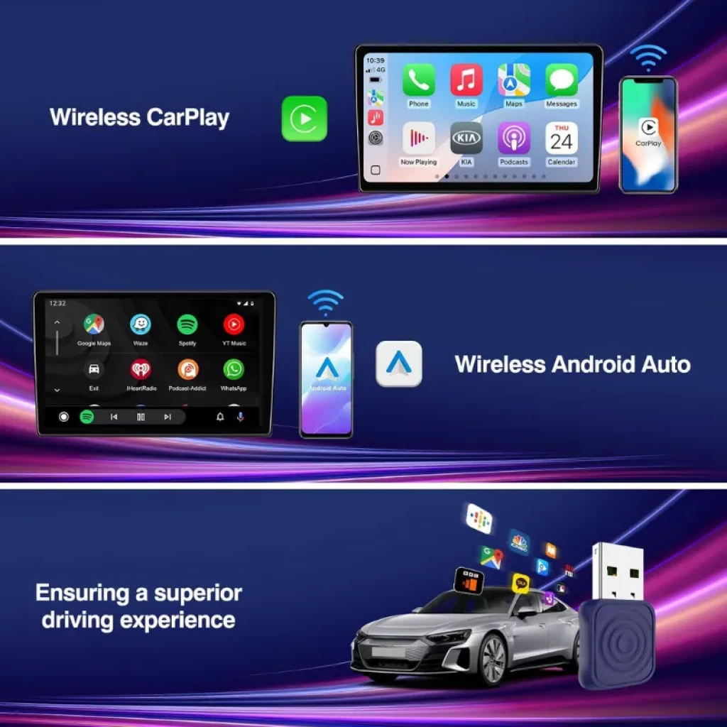 Carlinkit Mini Ultra 1 adaptador compacto com luz LED e USB, permite CarPlay e Android Auto sem fios