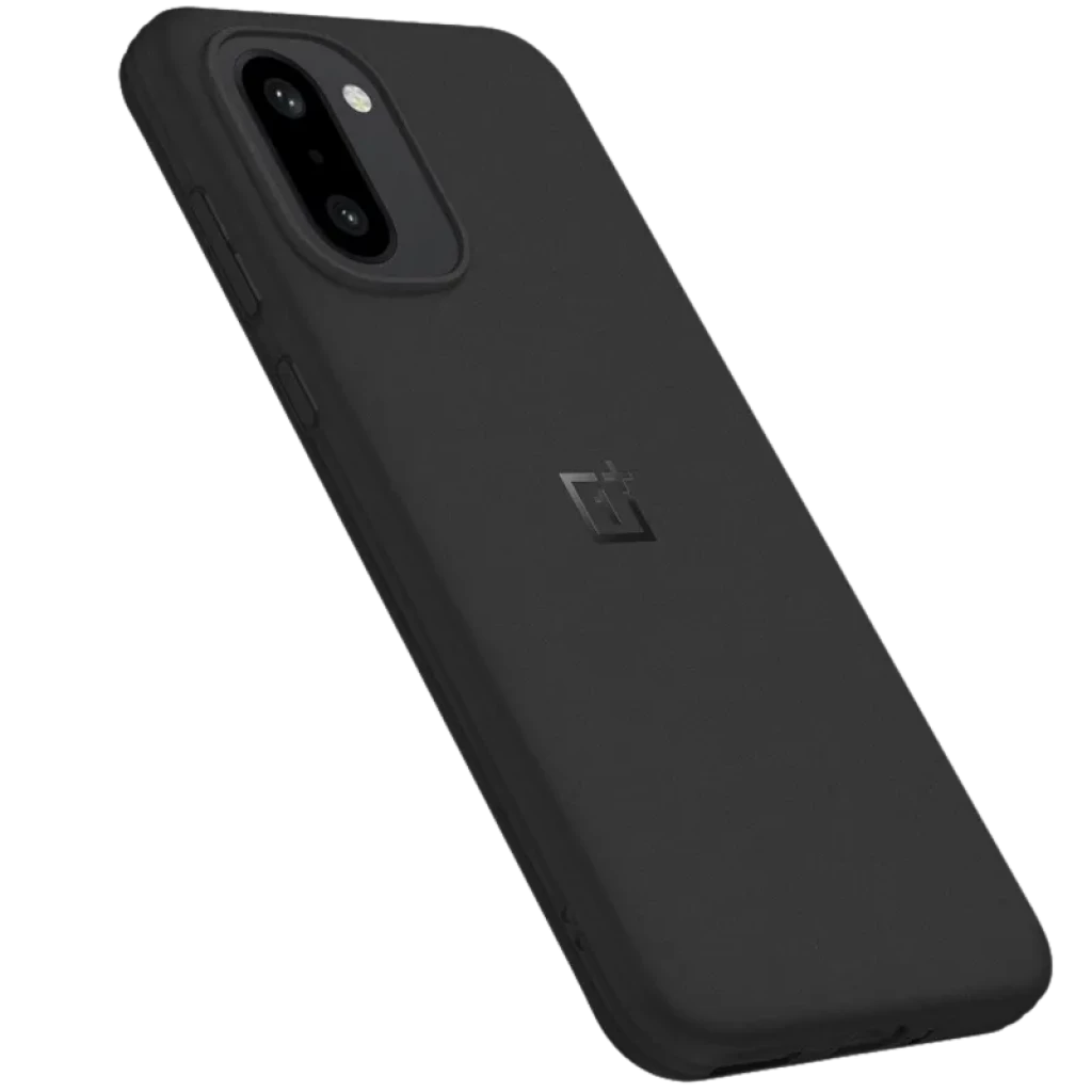 Funda magnética OnePlus 15R Sandstone negro, acabado texturizado antideslizante, logotipo central, bordes protectores y recorte preciso para cámara doble