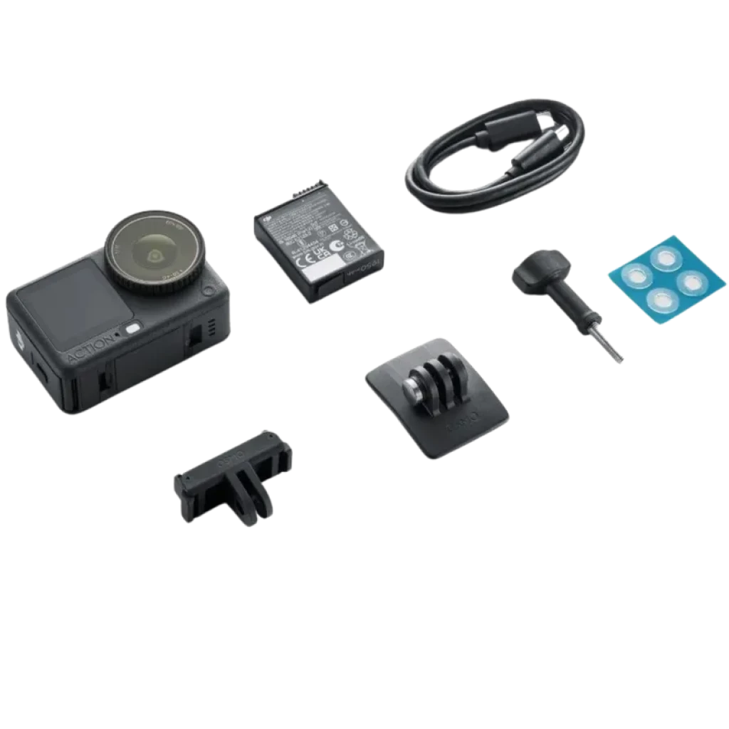 DJI Osmo Action 6 Standard Combo 64 Go: caméra 4K Ultra HD avec écran avant, batterie, câble USB, support adhésif, fixation, vis et pastilles antibuée