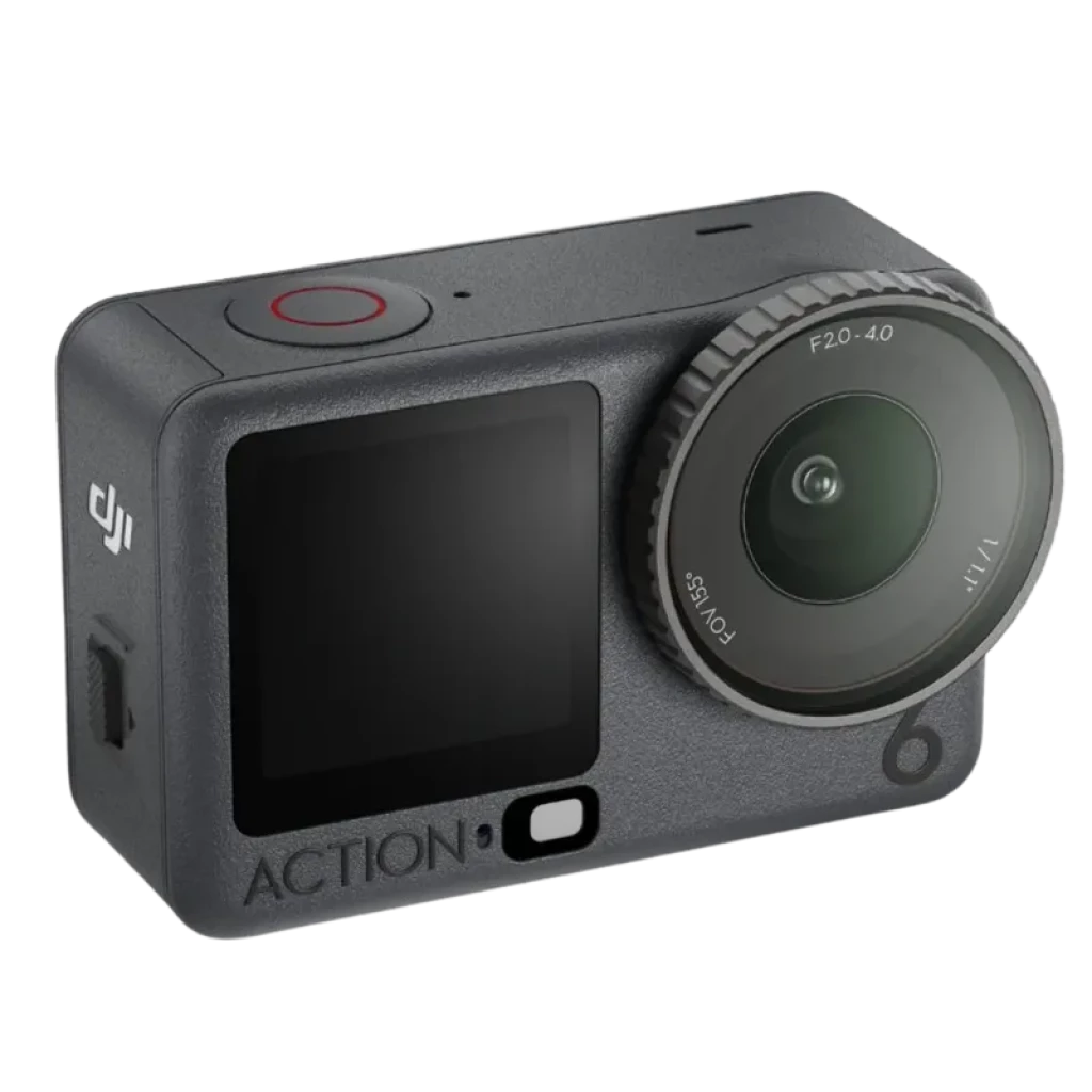 Caméra DJI Osmo Action 6 compacte, boîtier gris texturé, grand objectif F2.0 4K, écran frontal couleur, bouton rouge d’enregistrement, marquage ACTION 6