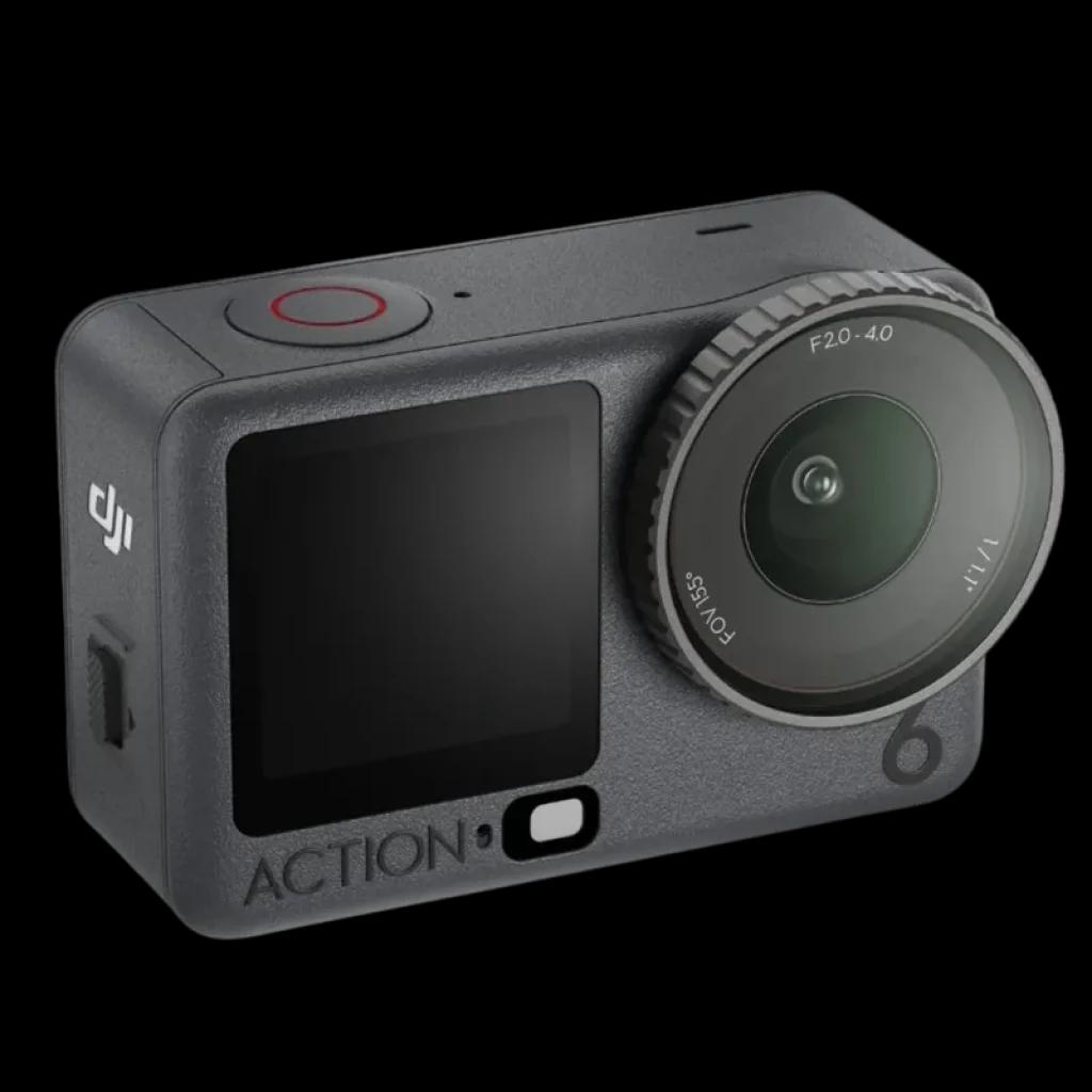 Caméra DJI Osmo Action 6 compacte, boîtier gris texturé, grand objectif F2.0 4K, écran frontal couleur, bouton rouge d’enregistrement, marquage ACTION 6