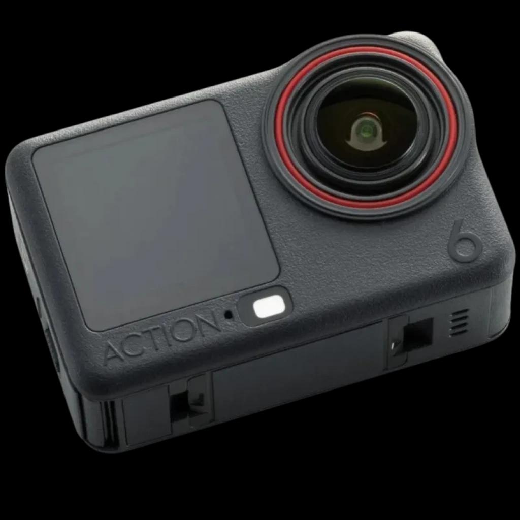 Caméra d action DJI Osmo Action 6 compacte, boîtier noir texturé, objectif grand angle cerclé de rouge, écran frontal, bouton blanc, marquage 6 visible