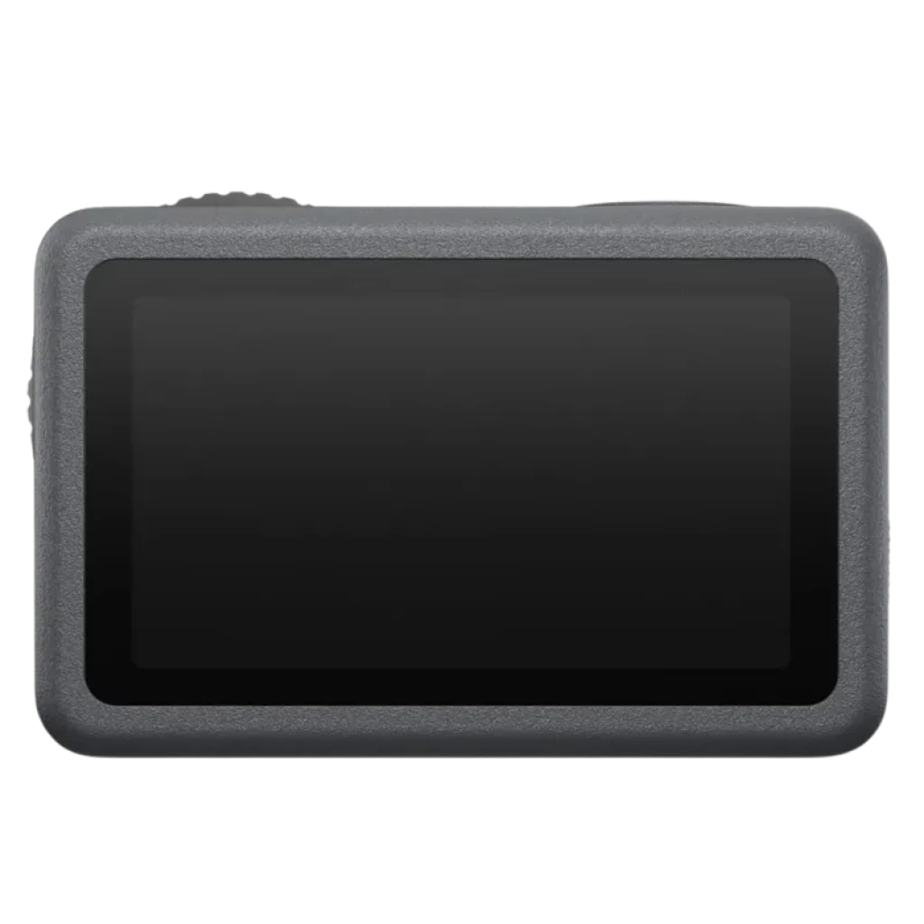 Écran arrière large du DJI Osmo Action 6, bord en caoutchouc gris, surface tactile noire, design robuste et compact pour prises de vue 4K Ultra HD.