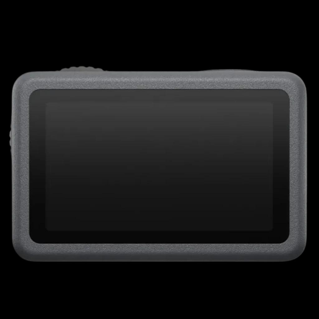 Écran arrière large du DJI Osmo Action 6, bord en caoutchouc gris, surface tactile noire, design robuste et compact pour prises de vue 4K Ultra HD.