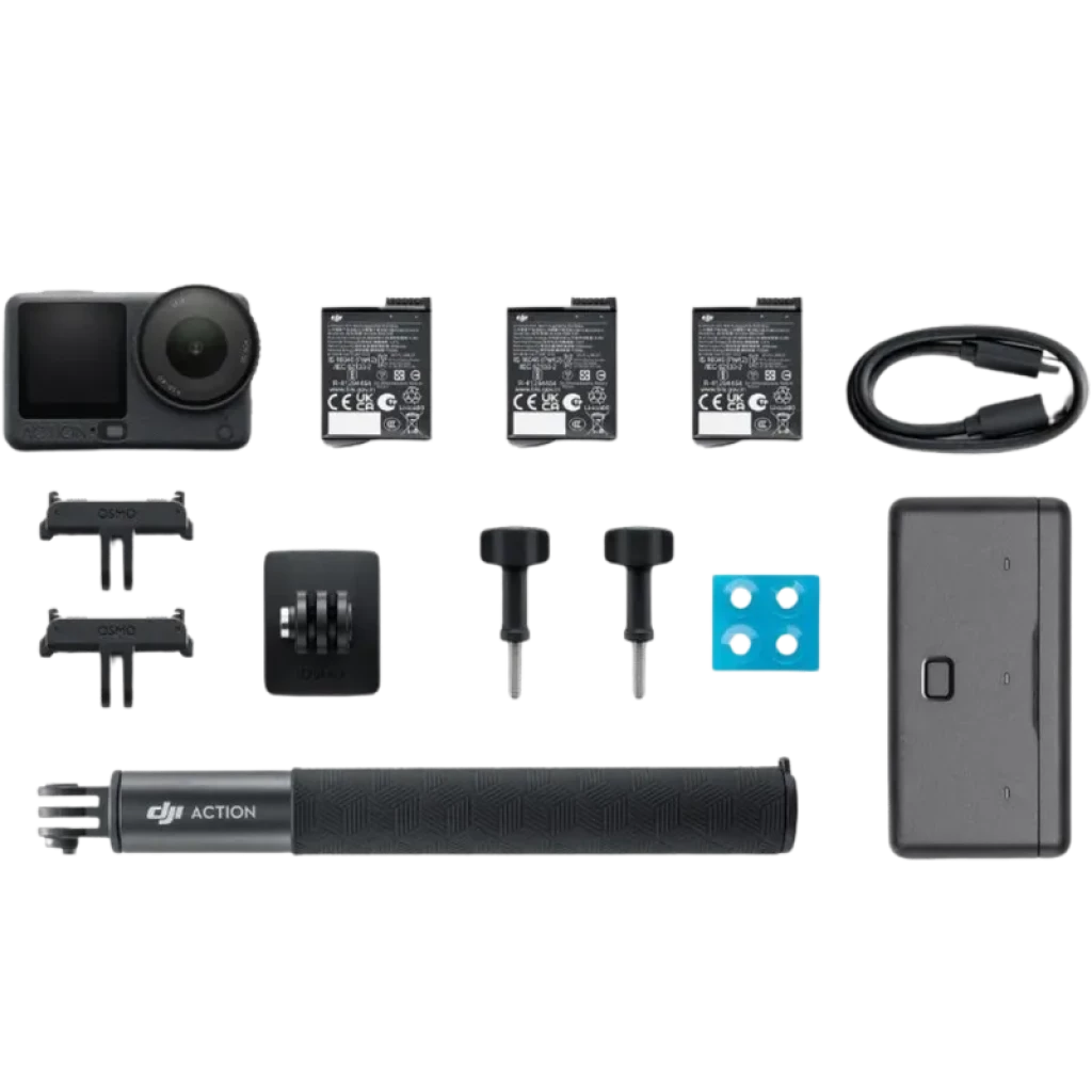 DJI Osmo Action 6 Adventure Combo com câmera compacta, 3 baterias, cabo USB, suportes, parafusos, base adesiva e bastão de extensão para 4K 120 fps