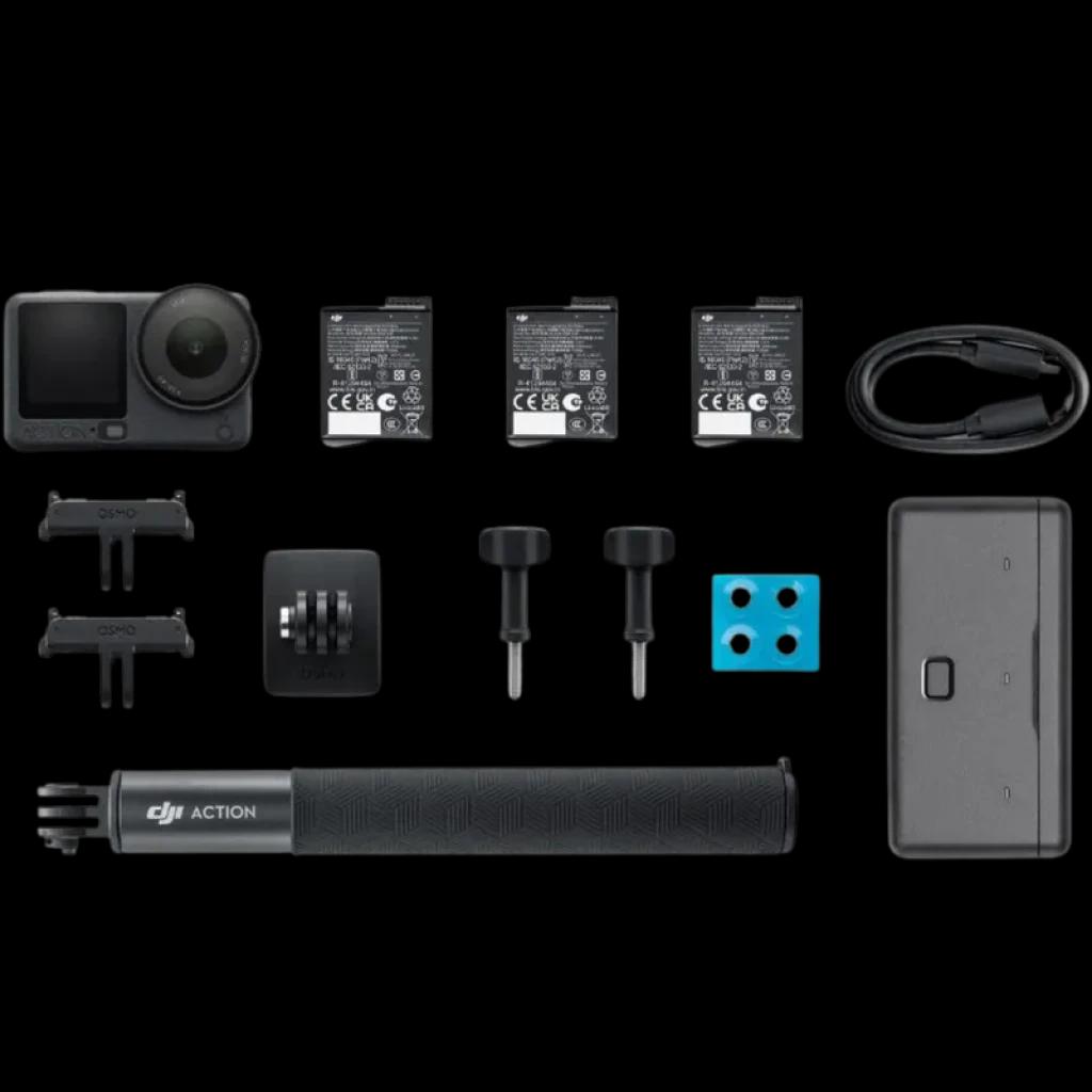 DJI Osmo Action 6 Adventure Combo com câmera compacta, 3 baterias, cabo USB, suportes, parafusos, base adesiva e bastão de extensão para 4K 120 fps