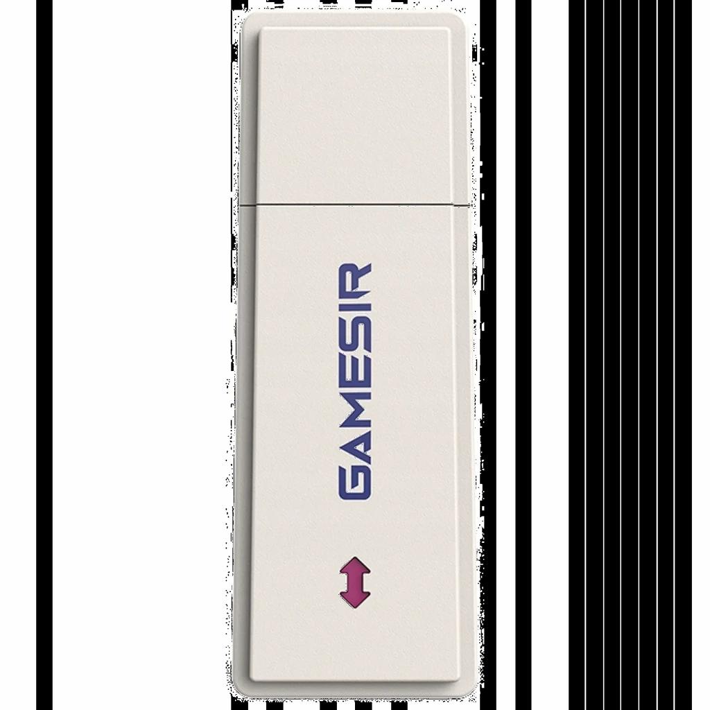 Adaptateur Bluetooth pour Gamesir Nova 2 Lite, dongle USB compact blanc, logo Gamesir violet, indicateur flèche rose, bords arrondis et design minimaliste