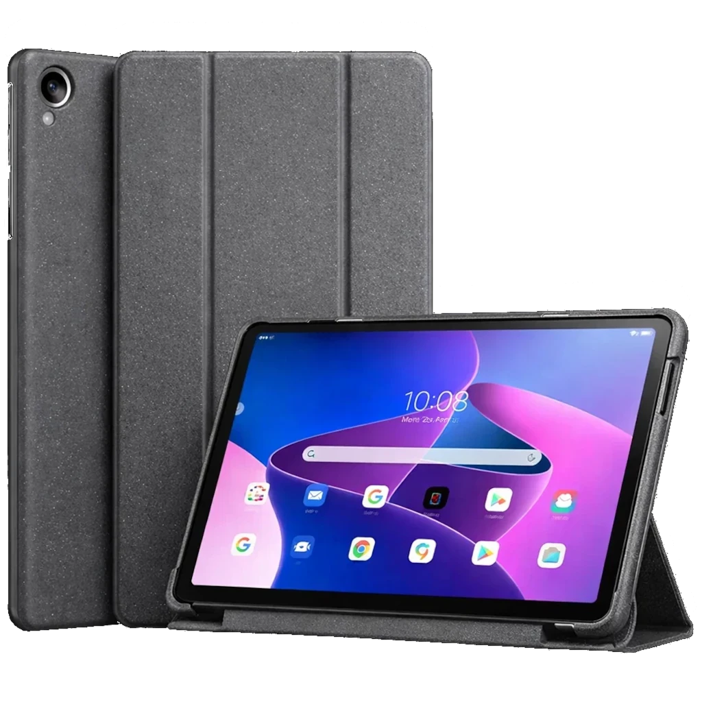 Funda Lenovo Tab One Compatible Negro con textura mate, tríptico plegable tipo trípode, soporte horizontal, recortes precisos para cámara y botones