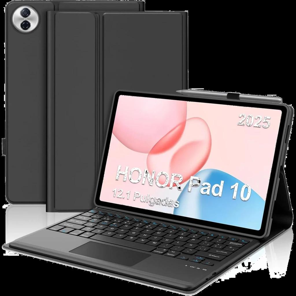 Funda con teclado español para Honor Pad 10 12.1, color negro, soporte tipo atril, ranura para lápiz, recortes para cámara dual y diseño magnético delgado