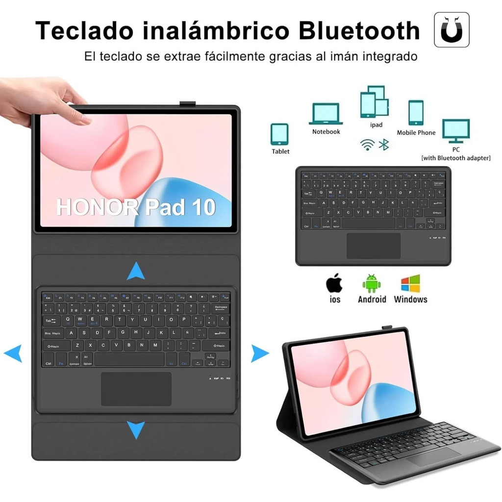 Funda con teclado español para Honor Pad 10 12.1, inalámbrico Bluetooth, imán extraíble, soporte ajustable y touchpad. Compatible iOS, Android y Windows.