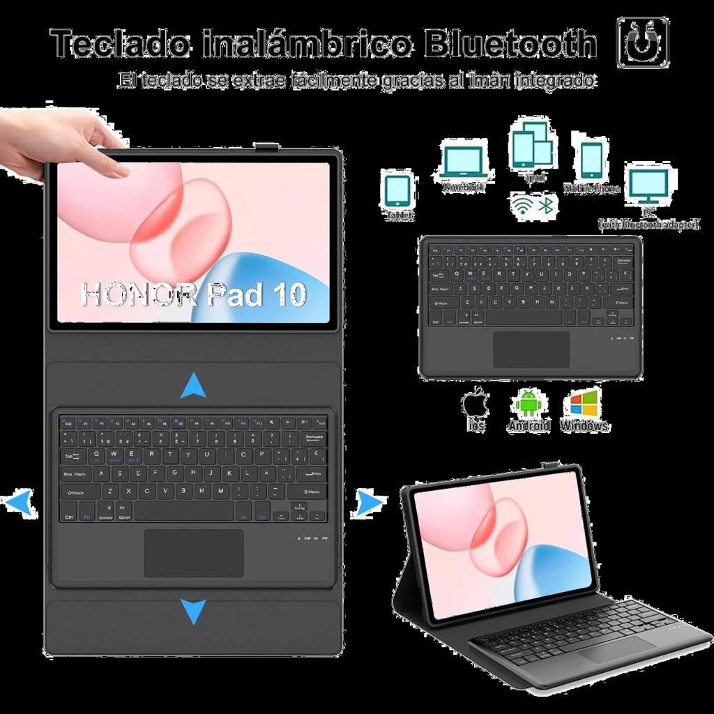 Funda con teclado español para Honor Pad 10 12.1, inalámbrico Bluetooth, imán extraíble, soporte ajustable y touchpad. Compatible iOS, Android y Windows.