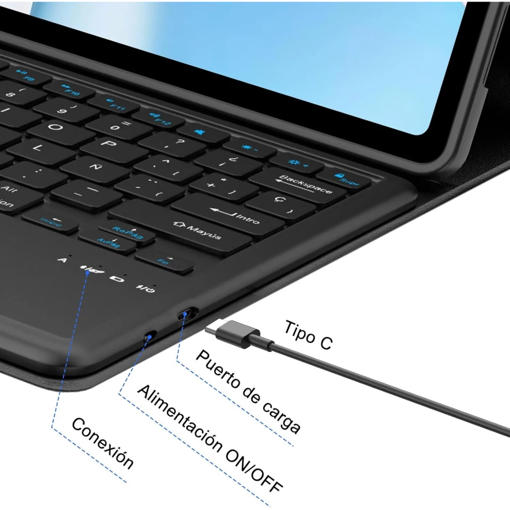 Funda con Teclado Español para Honor Pad 10 12.1 con teclas negras, conexión lateral, puerto de carga, interruptor ON/OFF y cable USB Tipo C
