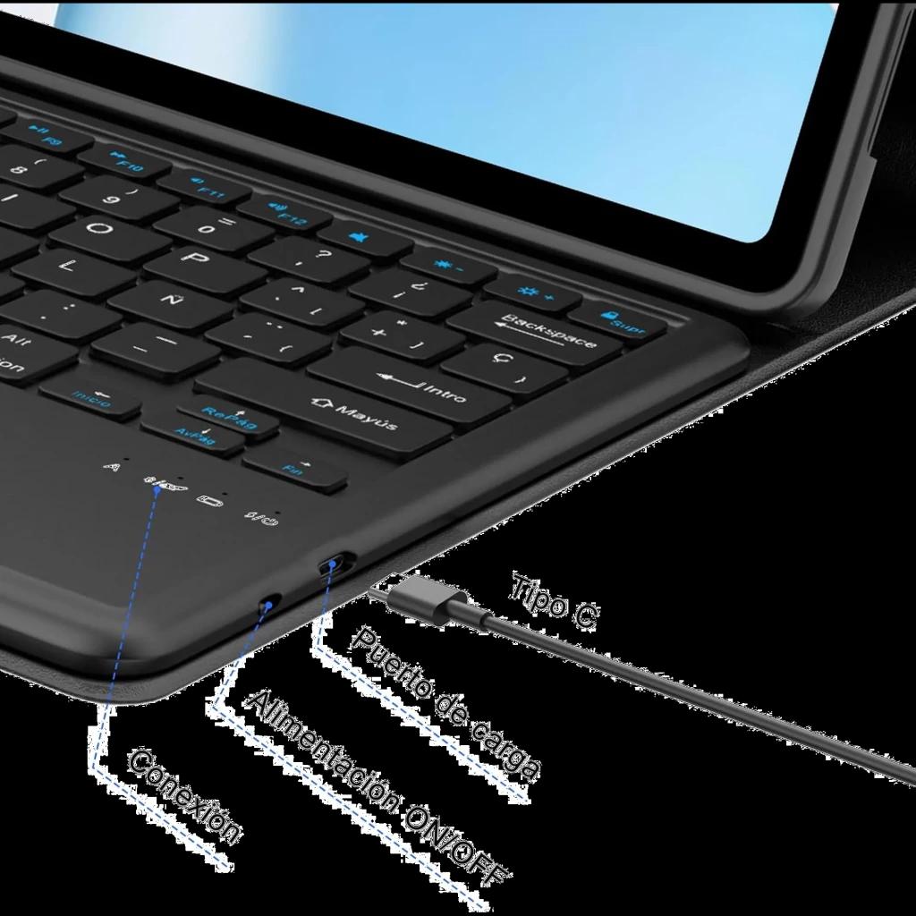 Funda con Teclado Español para Honor Pad 10 12.1 con teclas negras, conexión lateral, puerto de carga, interruptor ON/OFF y cable USB Tipo C
