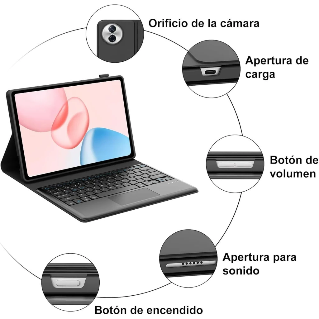 Funda con teclado español para Honor Pad 10 12.1, soporte tipo folio, recortes para cámara, carga, volumen, sonido y encendido, diseño delgado y magnético