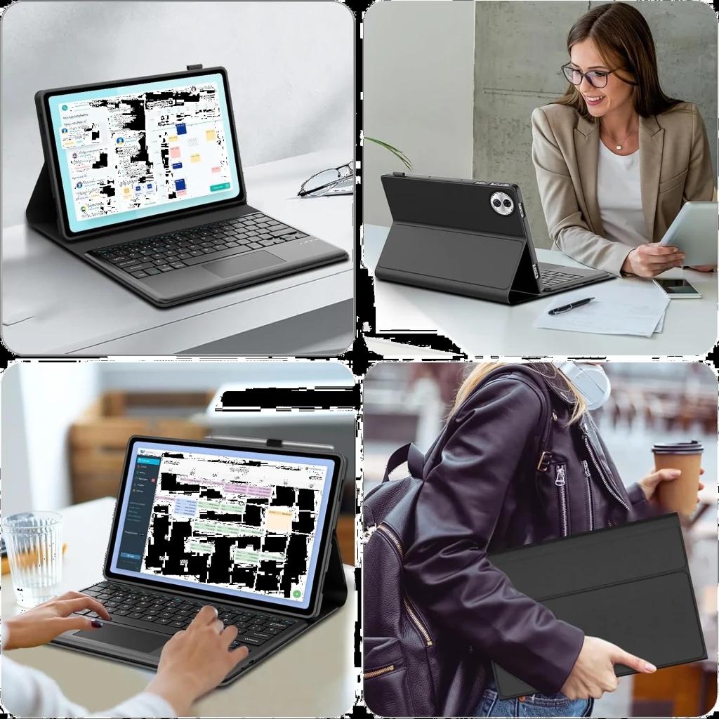 Funda con teclado español para Honor Pad 10 12.1, diseño tipo folio, soporte multiángulo, acabado negro, teclas completas y protección trasera con apertura