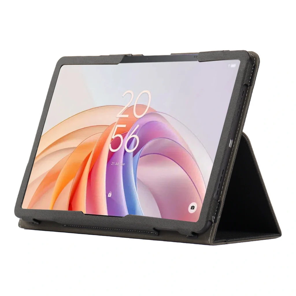 Capa Leather Tablet TCL TAB 10L Gen 4 preta, textura antiderrapante, dobra em triângulo para apoio, recortes precisos e proteção reforçada nas bordas