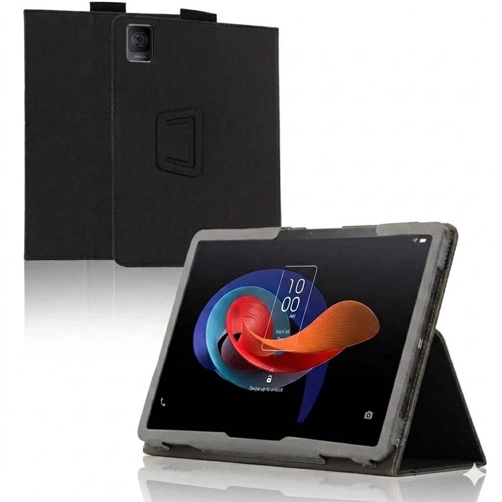 Funda Leather Tablet TCL TAB 10L Gen 4 en color negro, tipo folio con soporte plegable y cierre magnético, recortes precisos para cámara y puertos