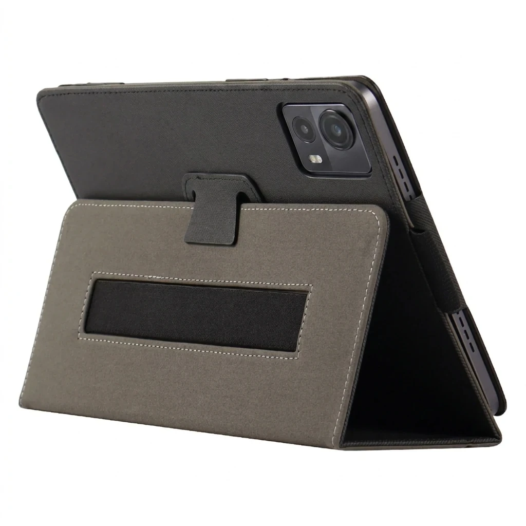 Funda Leather Tablet TCL TAB 10L Gen 4 en cuero sintético gris, con soporte plegable, ventana de agarre y costuras blancas; acceso a cámara y puertos.