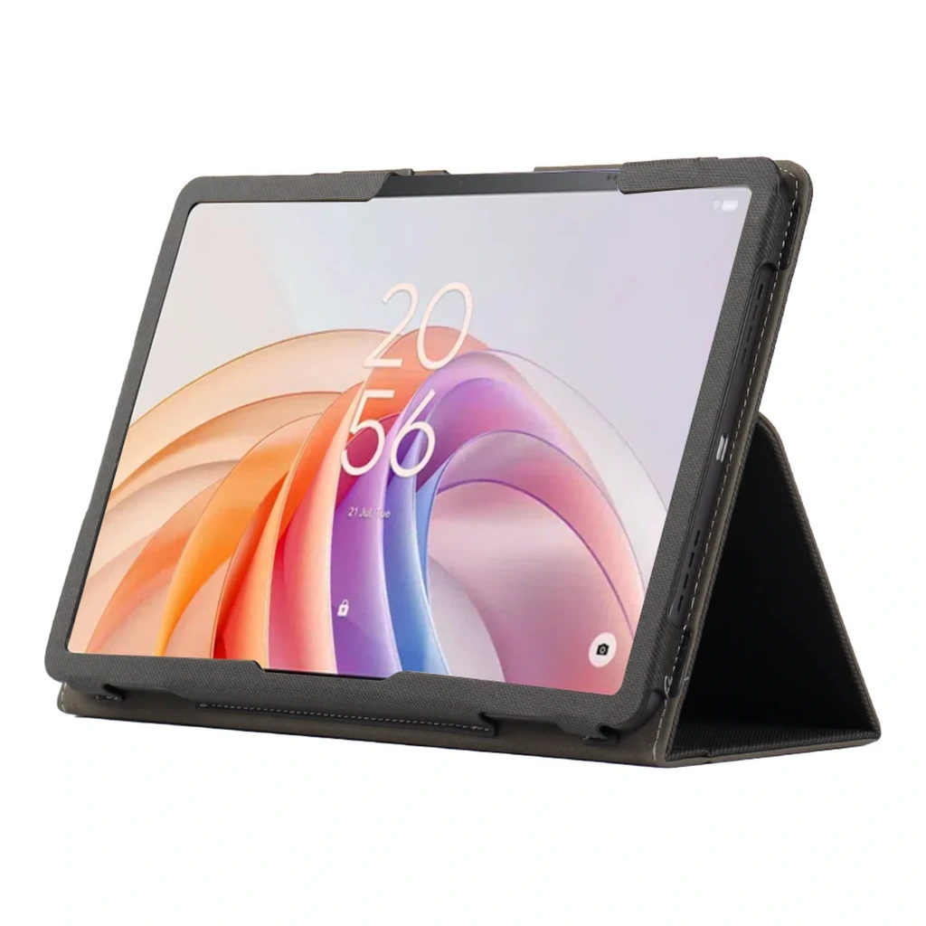 Capa Leather Tablet TCL TAB 11 FE em preto, textura antiderrapante, capa dobrável tipo tri-fold com recortes precisos e logo discreto no canto inferior