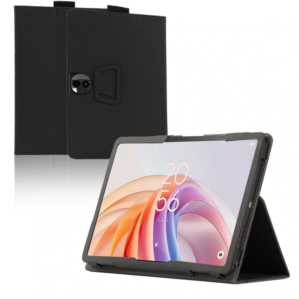 Capa Leather Tablet TCL TAB 11 FE preta com suporte dobrável tipo stand, recortes precisos para câmera, proteção total e acabamento texturizado elegante