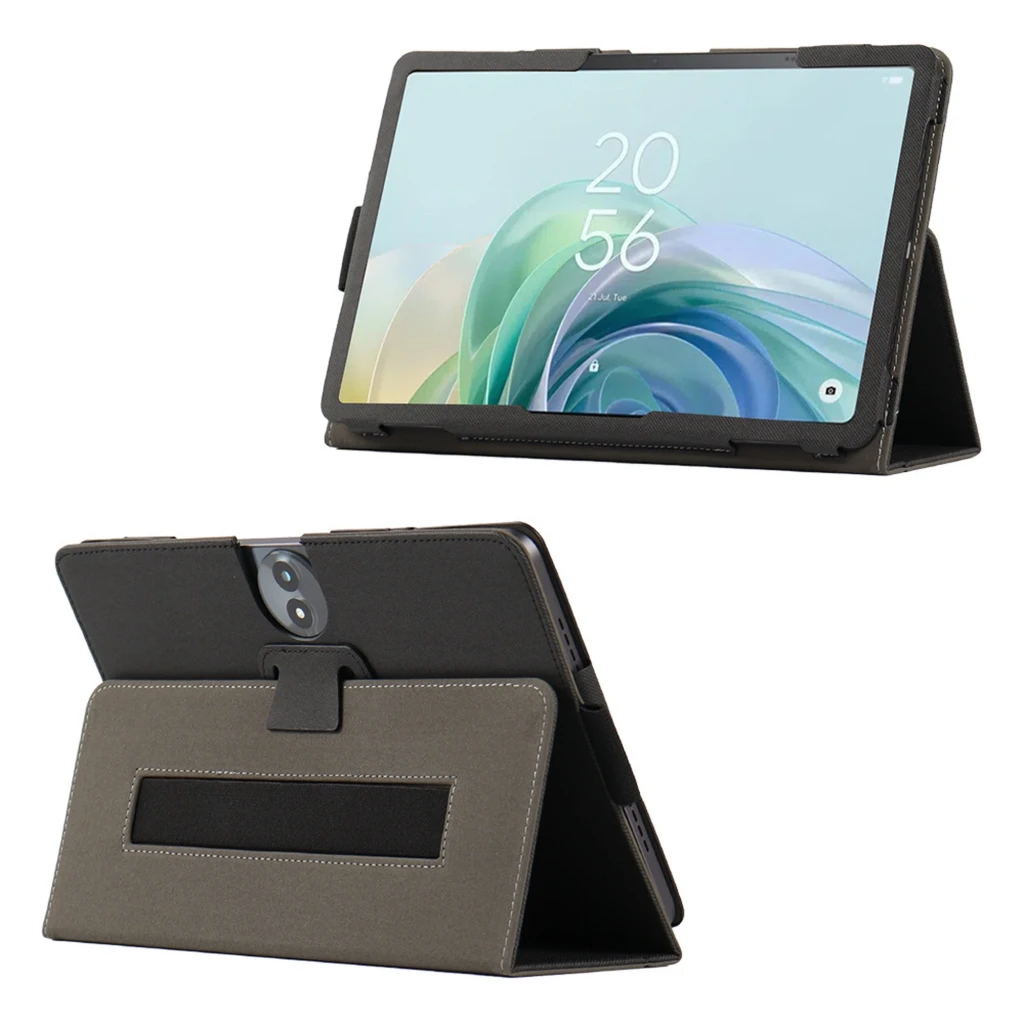 Capa Leather Tablet TCL TAB 11 FE em couro sintético preto, função suporte dobrável, recorte para câmera dupla e fechamento magnético, costuras visíveis