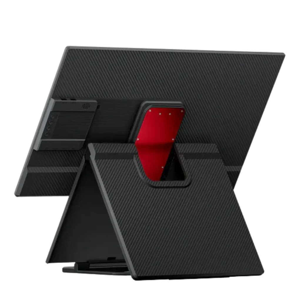 Monitor Portátil Blackview Table 10 de 23.8 pulgadas FHD, panel negro con textura, soporte plegable con bisagra roja, altavoz BOX y bordes delgados