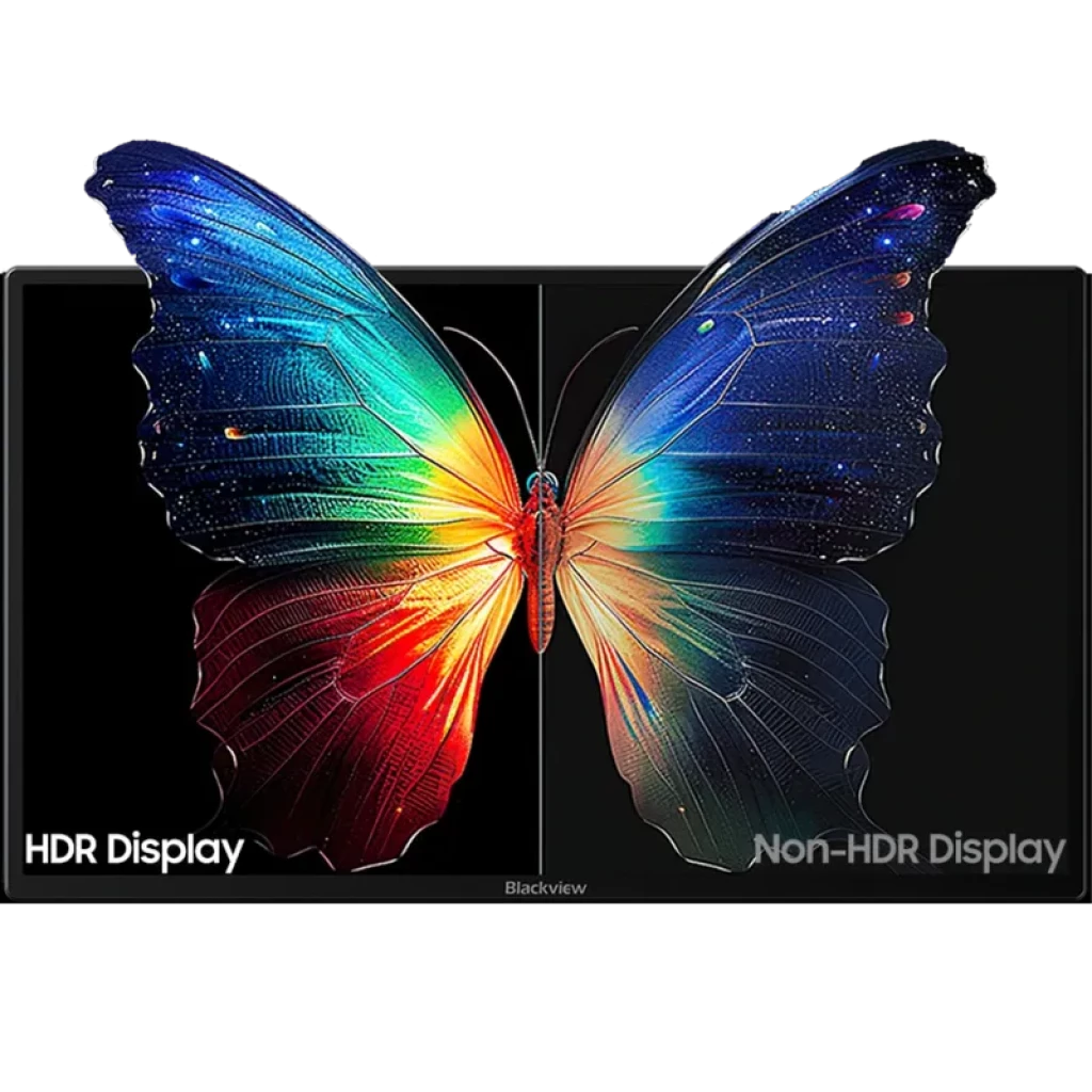 Monitor portátil Blackview Table 10 de 23.8" FHD 100Hz, panel amplio con contraste HDR vs no HDR, marcos delgados, altavoz BOX y carga inversa 80W