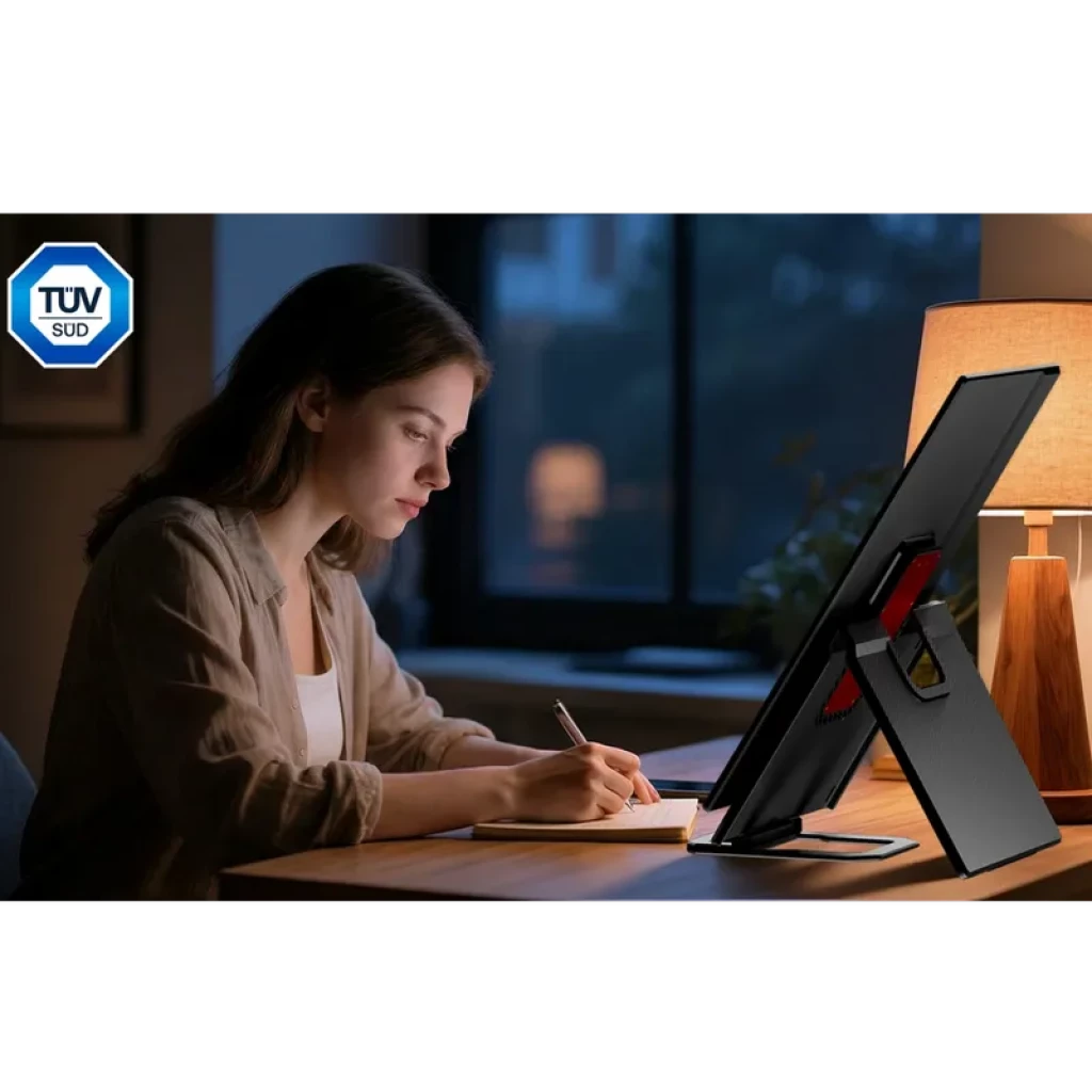 Monitor portátil Blackview Table 10 23.8" FHD 100Hz con soporte inclinable, bisagra central roja, marco delgado, luz tenue ambiental y sello TUV SUD visible