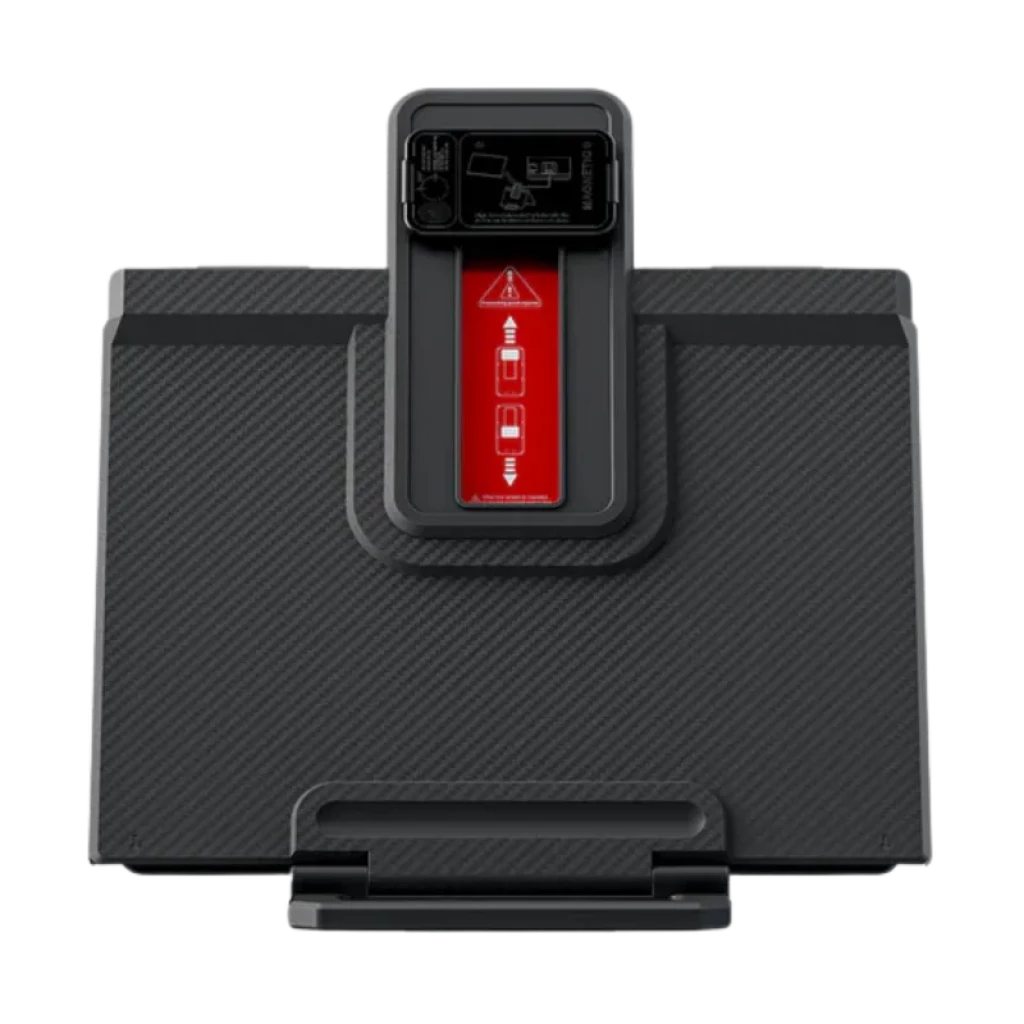 Soporte trasero del Monitor Portátil Blackview Table 10 con acabado texturizado, módulo central con indicador rojo y bisagra plegable para ajuste estable