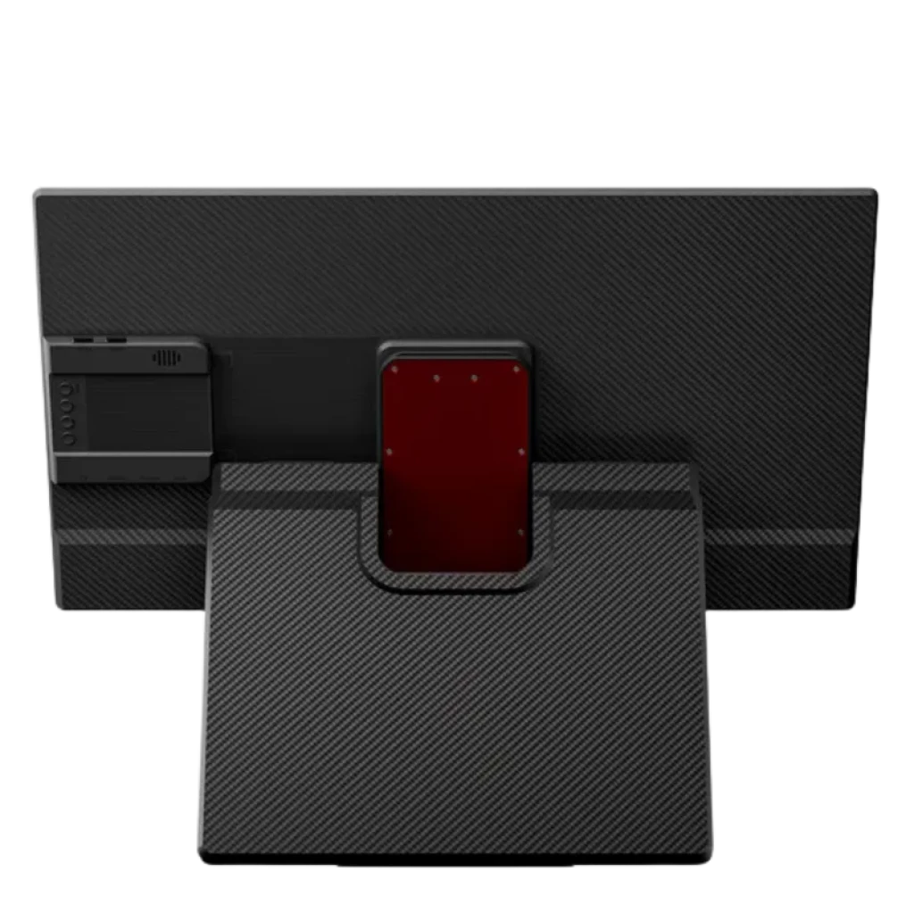 Monitor Portátil Blackview Table 10, trasera con acabado tipo fibra de carbono, soporte rojo central, módulo lateral con altavoz BOX y puerto de carga 80W