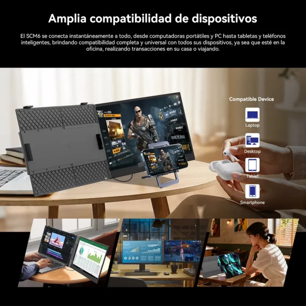 Monitor portátil Blackview SCM8 15.3 IPS 1200p con USB-C PD 100W; diseño delgado, soporte trasero texturizado, biseles finos y amplia compatibilidad con