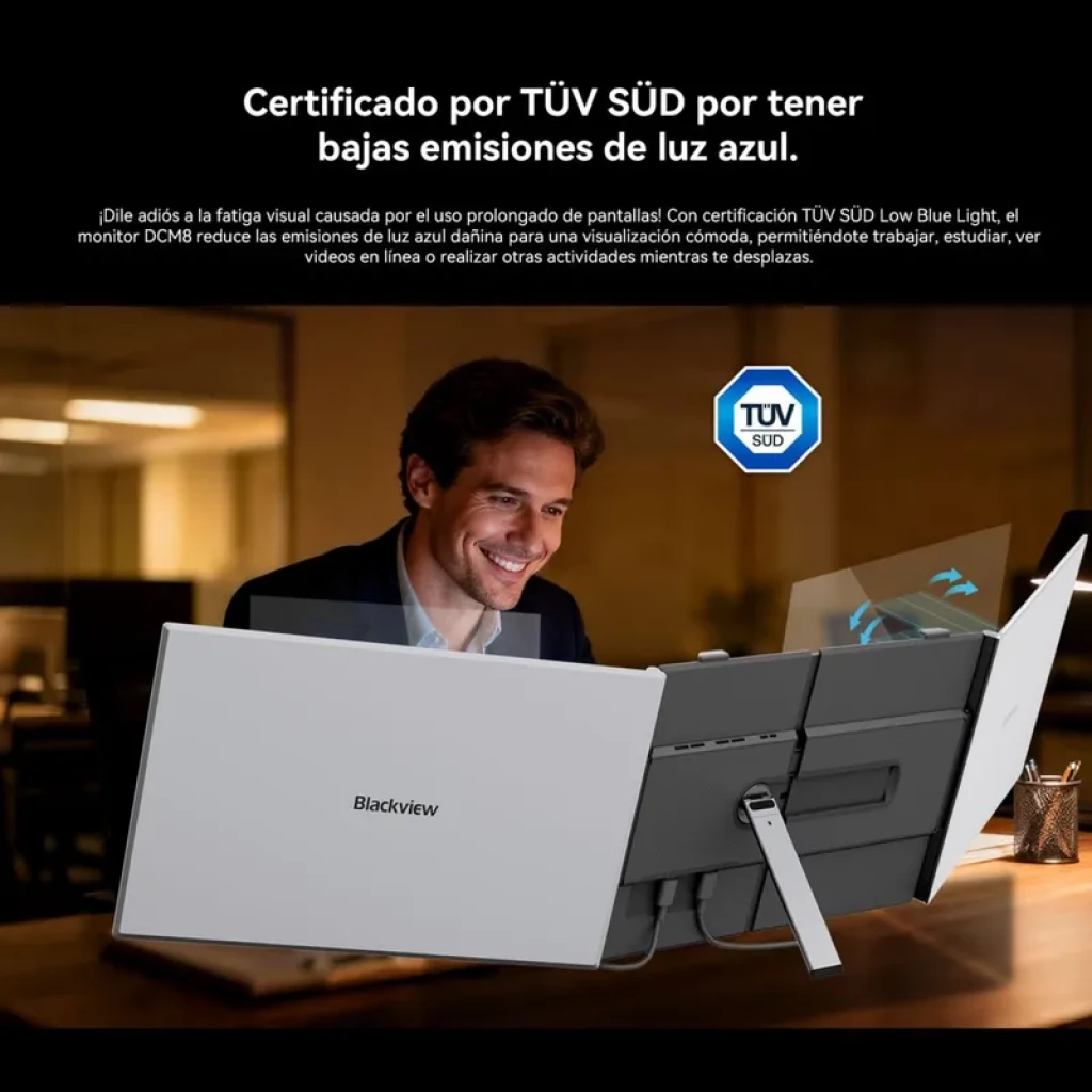 Monitor portátil Blackview DCM8 15.3 FHD+ con soporte trasero ajustable, bisagra central y marco delgado; doble pantalla USB-C 60 Hz, 100 W, baja luz azul
