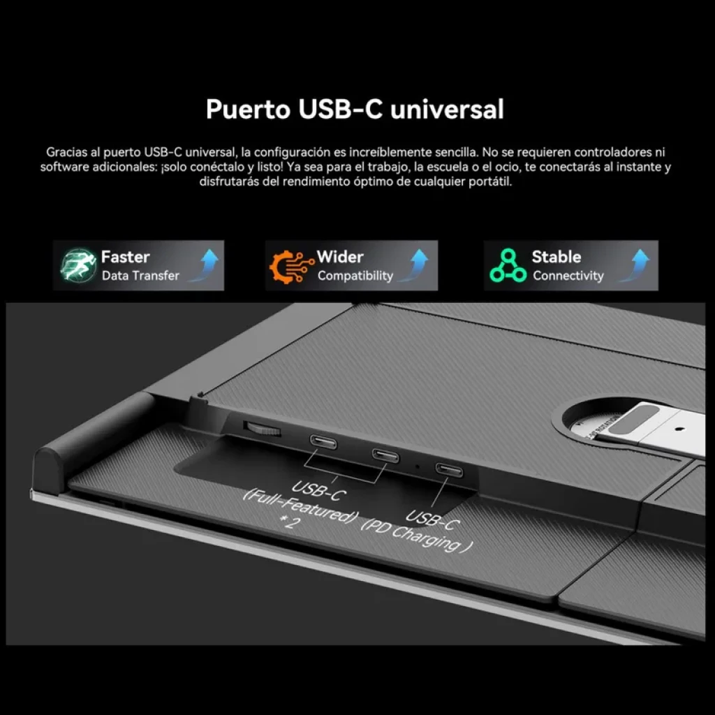 Detalle del módulo trasero del Monitor Portátil Blackview DCM8 15.3 FHD+: puertos USB-C full-featured y PD, soporte integrado, acabado texturizado negro