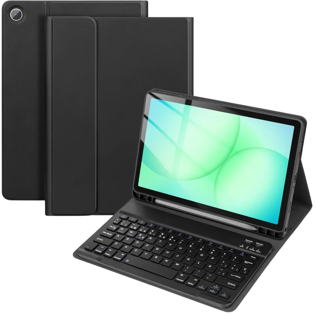 Funda con Teclado Samsung Galaxy Tab A11 Español: estuche negro con soporte tipo folio, teclado desmontable retroiluminado y ranura para lápiz, recortes