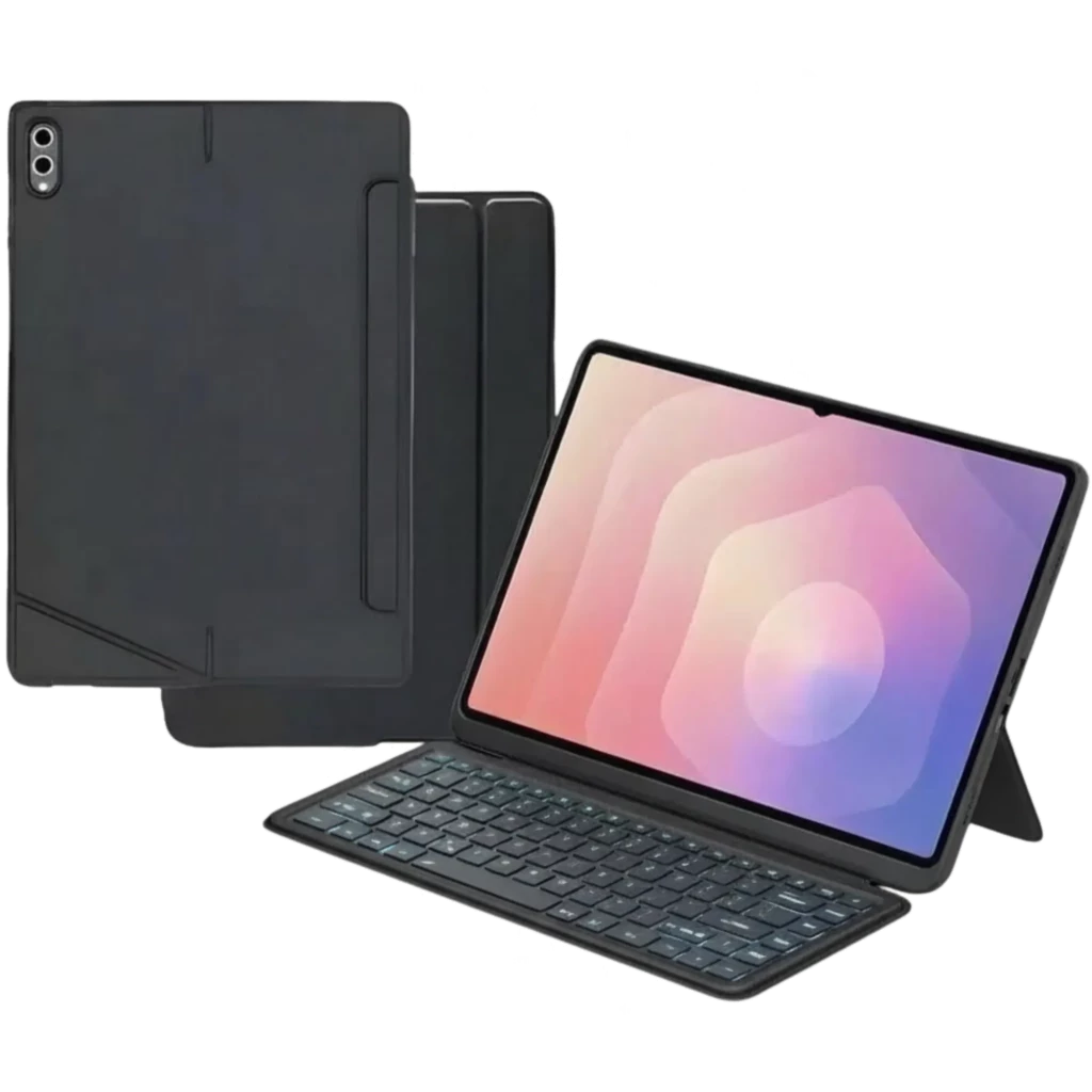 Capa com teclado para Galaxy Tab S11 em preto, design fino, suporte ajustável, recorte para câmera dupla e espaço para caneta, teclas bem espaçadas